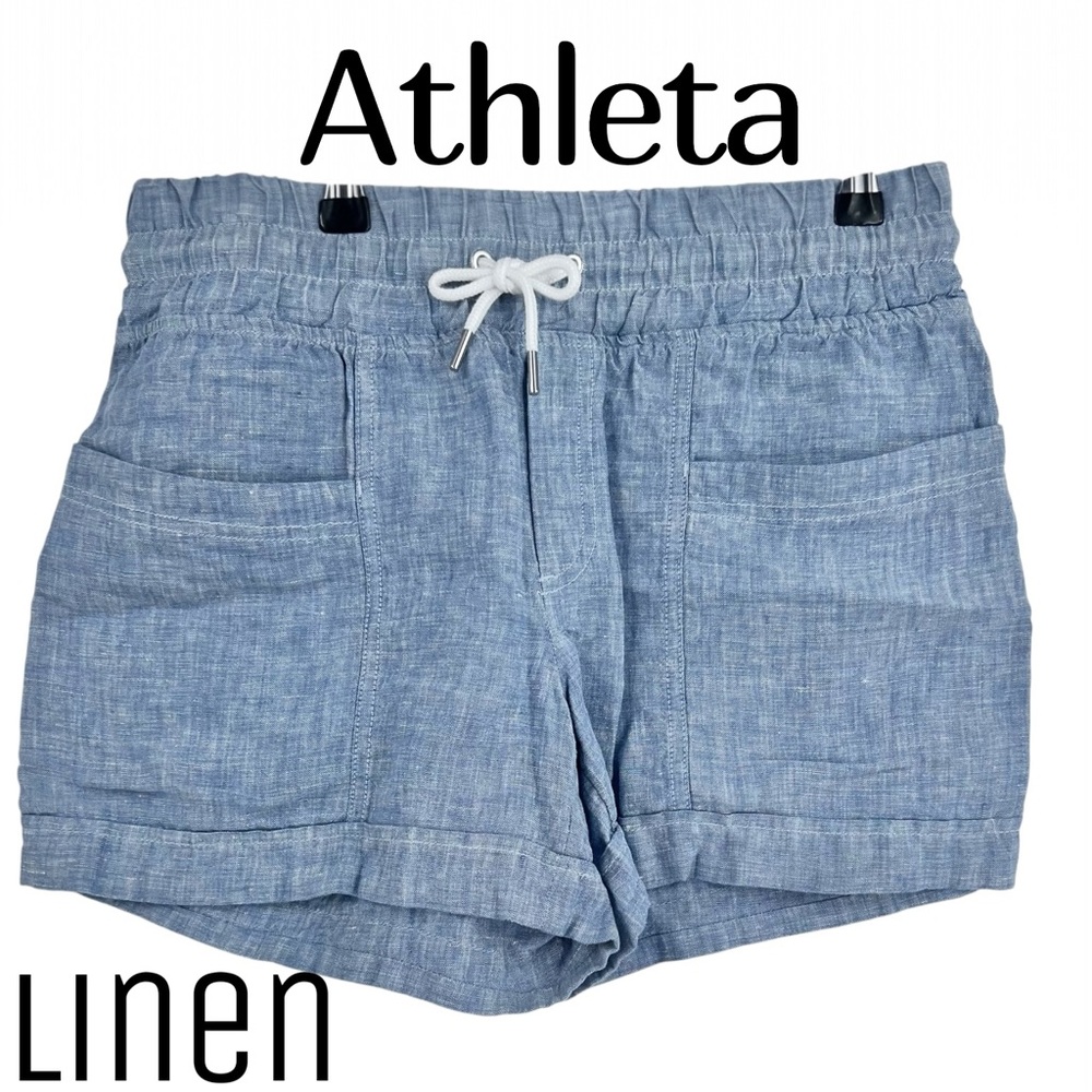 Athleta Linen Drawstring Shorts Blue Lightweight Pull On Beach Summer Size 4